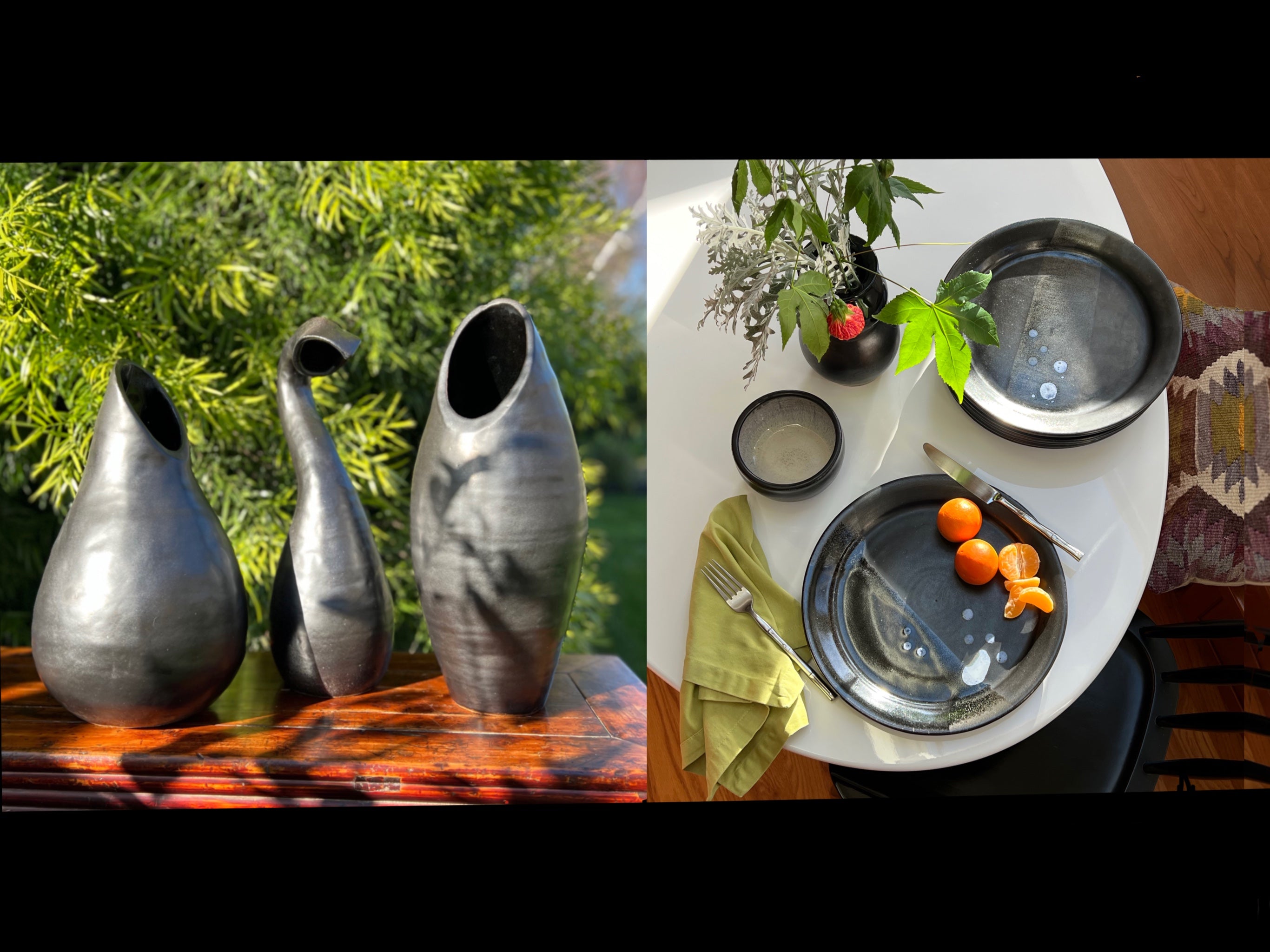 The left is a set of three large tall carved black vases. The right is a table setting, highlighting the two black ceramic plates with white splatter.